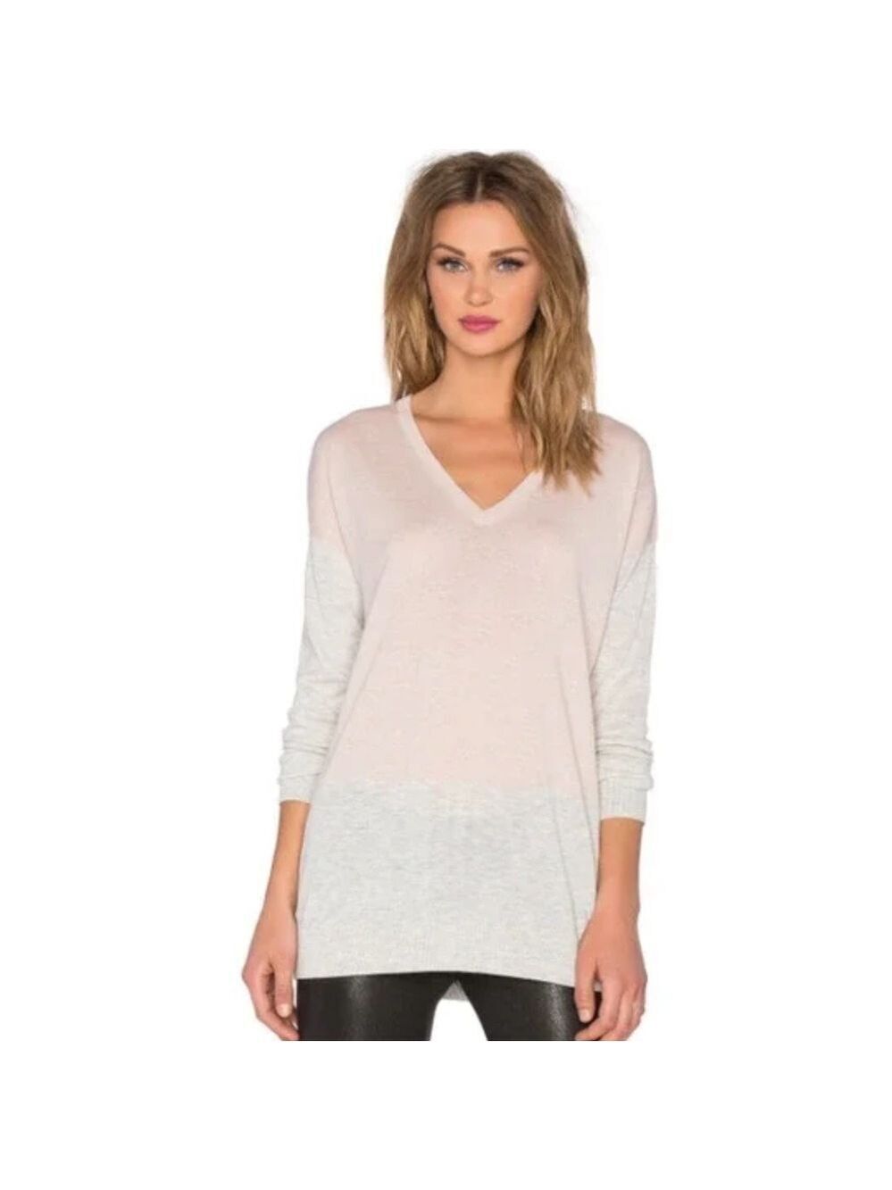 Vince Colorblock Easy Fit Merino Wool Blend V-Neck Sweater in Pink and Gray